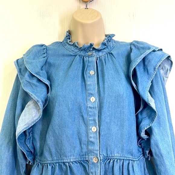 Zara - Ruffle Denim Light Blue Button Down Long Sleeve Top Size Medium - Picture 3 of 12